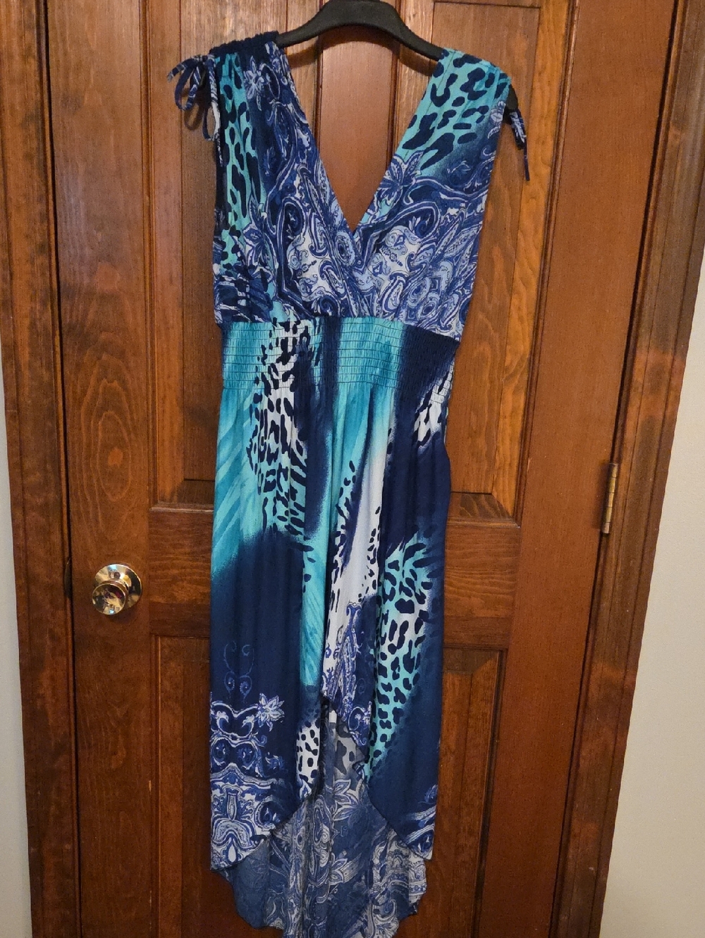 Blue & Teal V-Neck Maxi Dress with Hi-lo Hem.